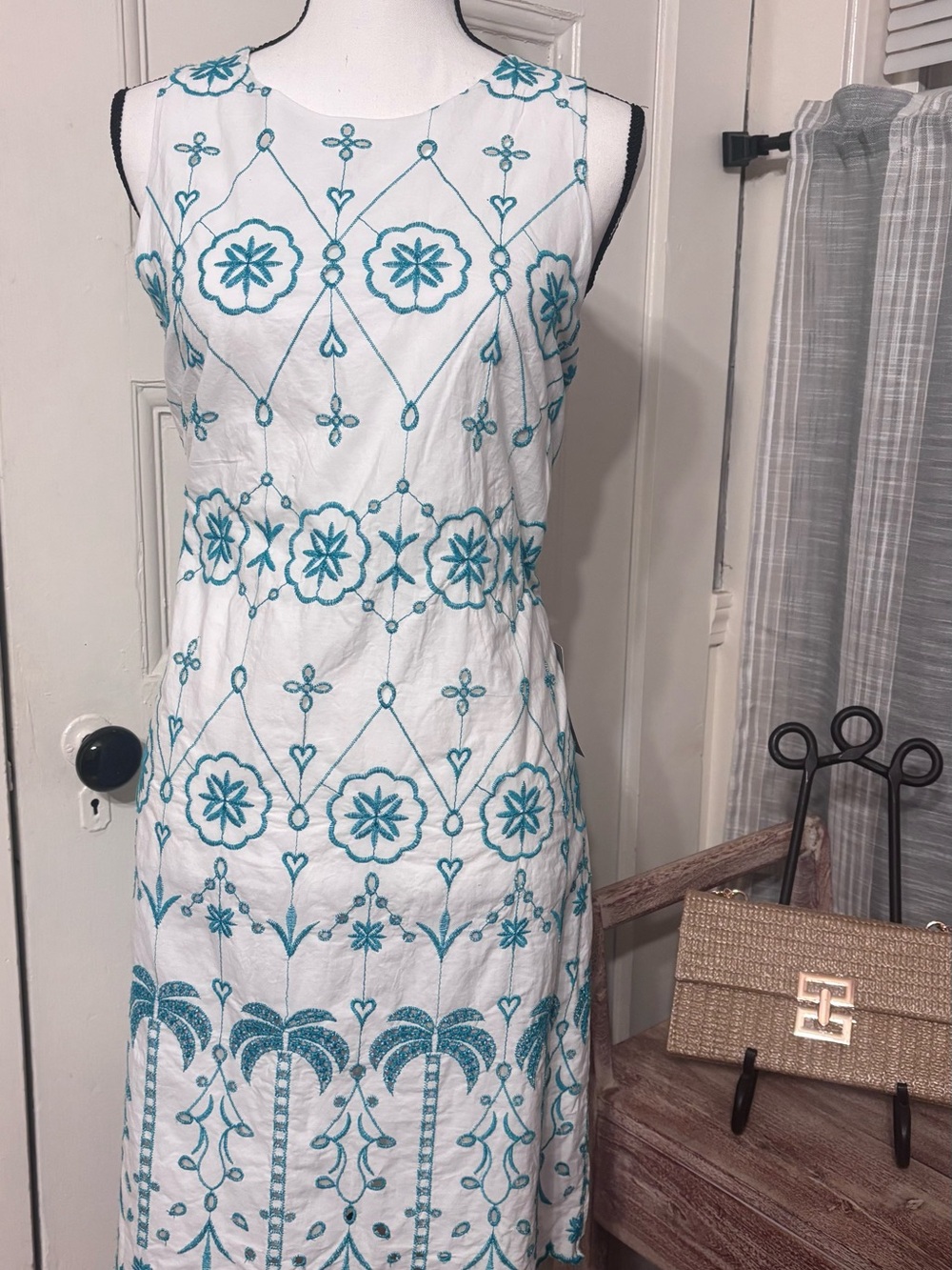 London Times White Midi Dress with Teal Embroidery